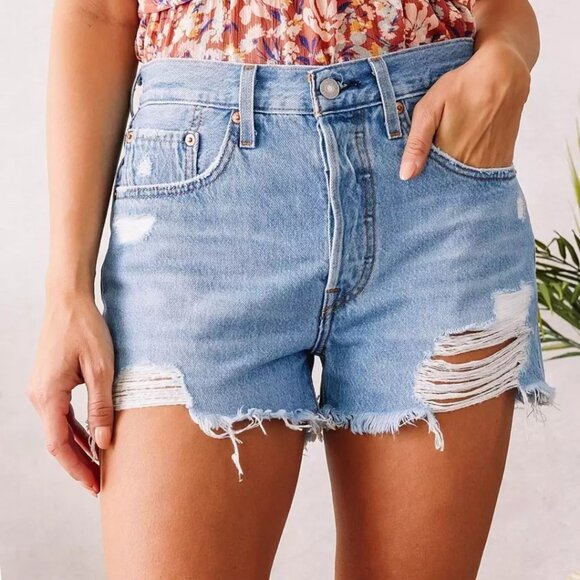 Levis 501 Original Jean Shorts Size 8 Cut Offs Button Fly High Rise Distressed - Picture 2 of 8